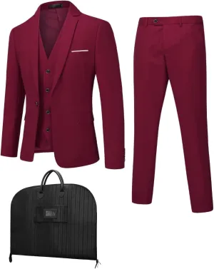 YFFUSHI Men's 3 Piece Suit Set Slim Fit One Button Solid Jacket Vest Pants with Suit Bags