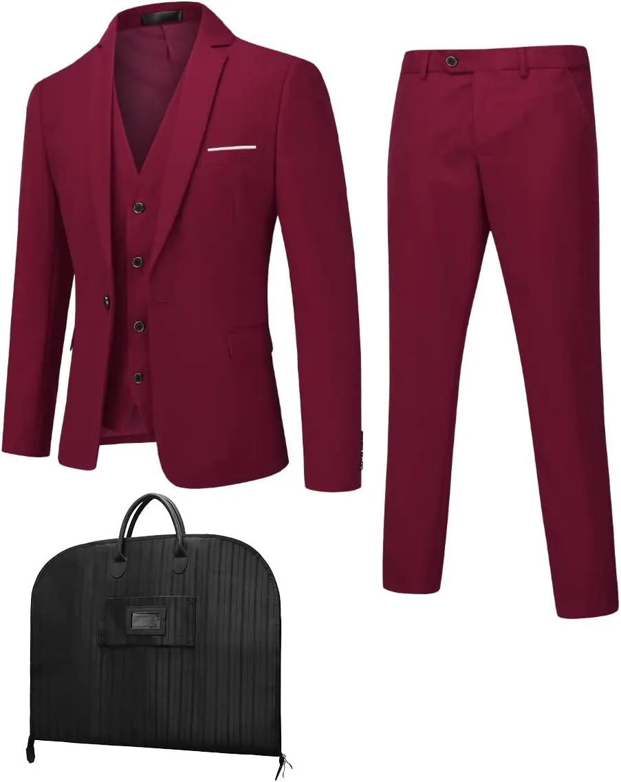 YFFUSHI Men's 3 Piece Suit Set Slim Fit One Button Solid Jacket Vest Pants with Suit Bags
