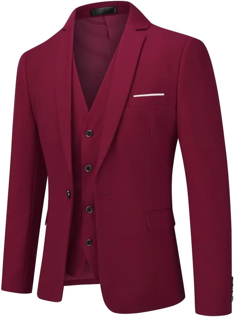 YFFUSHI Men's 3 Piece Suit Set Slim Fit One Button Solid Jacket Vest Pants with Suit Bags