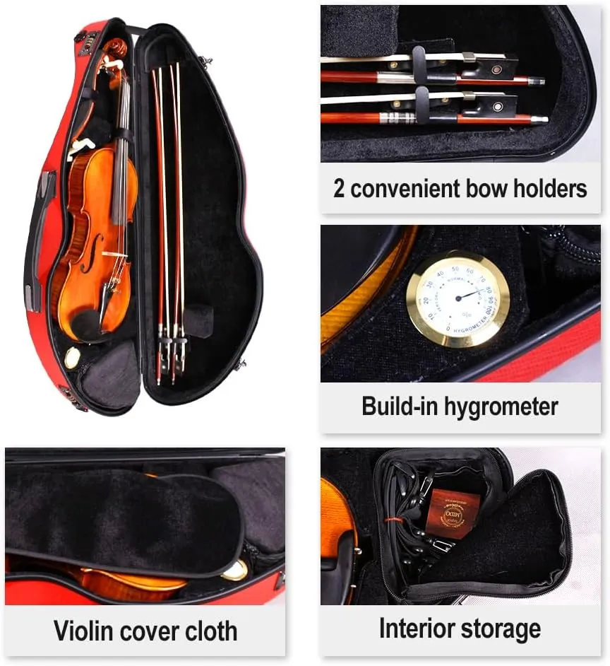 yinfente Violin Case 4/4 Full Size 1.9kg Carbon Fiber Half Round Shape Viloin Bag With Strap Combination Lock And Accessories Bag Red
