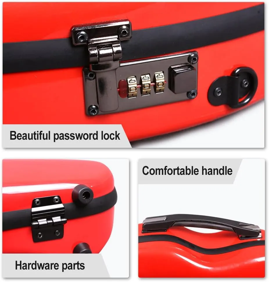 yinfente Violin Case 4/4 Full Size 1.9kg Carbon Fiber Half Round Shape Viloin Bag With Strap Combination Lock And Accessories Bag Red