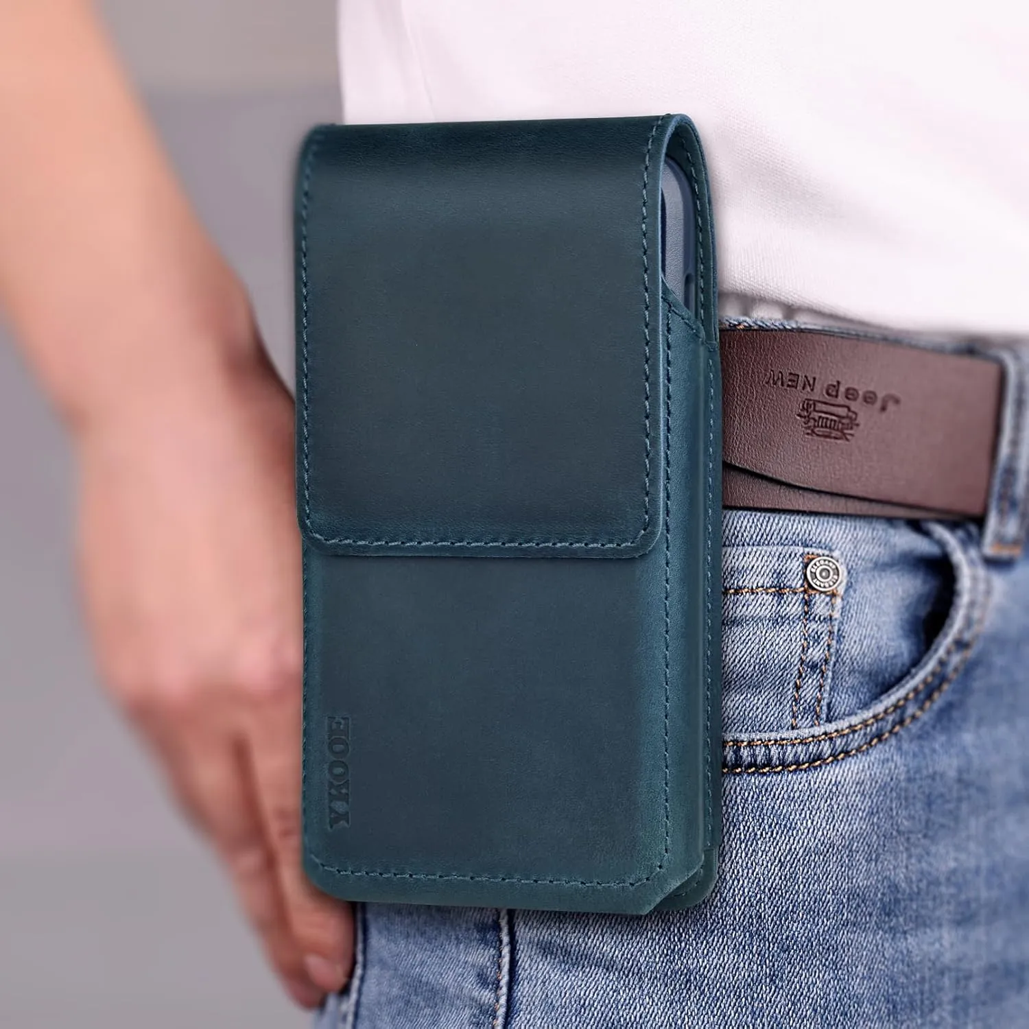 ykooe Genuine Leather Phone Holster Compatible with iPhone 16 15 14 13 12 & Pro Models, Galaxy S25 S24 S23 S22 -Belt Clip and Magnetic Closure, Blue, L
