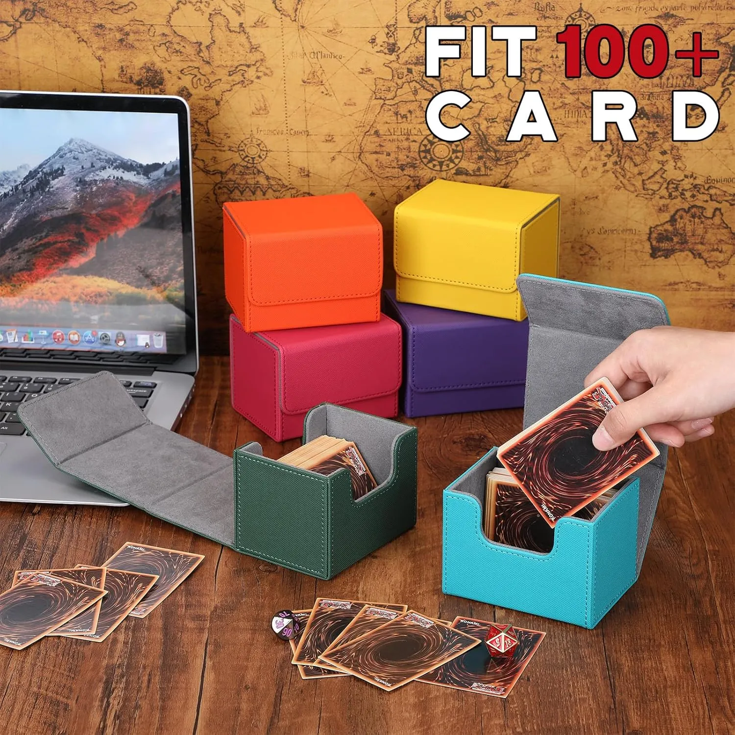 Yookeer 6 Pack Leather Deck Cases 100  Card Deck Game Box Magnetic Playing Card Storage Box for 100 Plus Cards Compatible with Tcg(Pink,Orange,Blue,Yellow,Green,Purple,Horizontal)