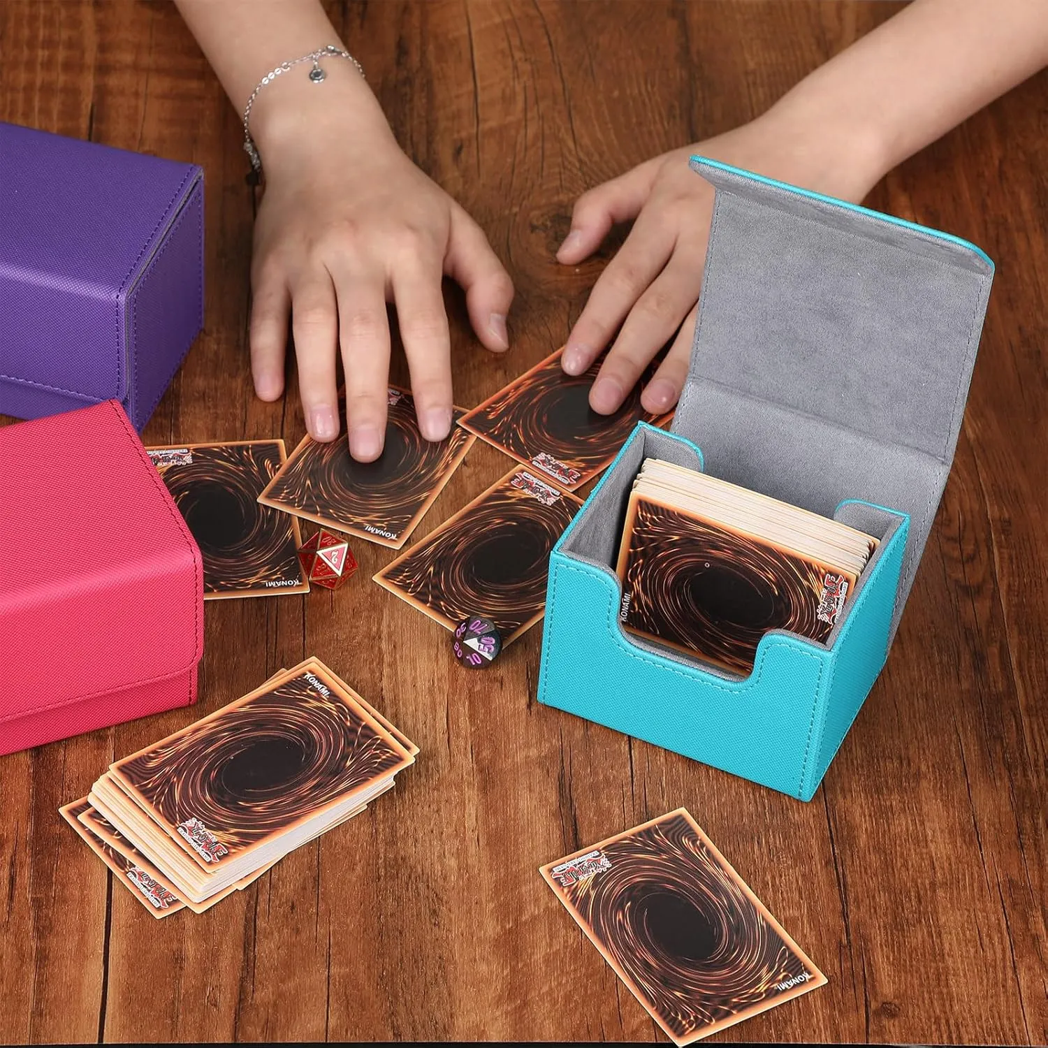 Yookeer 6 Pack Leather Deck Cases 100  Card Deck Game Box Magnetic Playing Card Storage Box for 100 Plus Cards Compatible with Tcg(Pink,Orange,Blue,Yellow,Green,Purple,Horizontal)