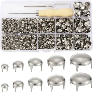 YORANYO 1220 Pcs Assorted Sizes Studs for Clothing Leather Rivets Round Dome Studs and Spikes Prong Studs Kit for Leather Craft Clothing Belts Bags Shoes Bracelets Dog Collar Accessories (Silver)