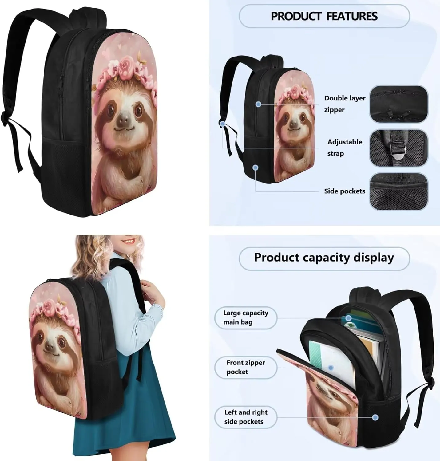 Ystardream 6th Grade Backpack Girls Cartoon Sloth Girls Backpack And Lunch Box Set Kids Backpack Purse for Women Elementary School Bookbag with Pencil Case Bookmark for Teens Back To School