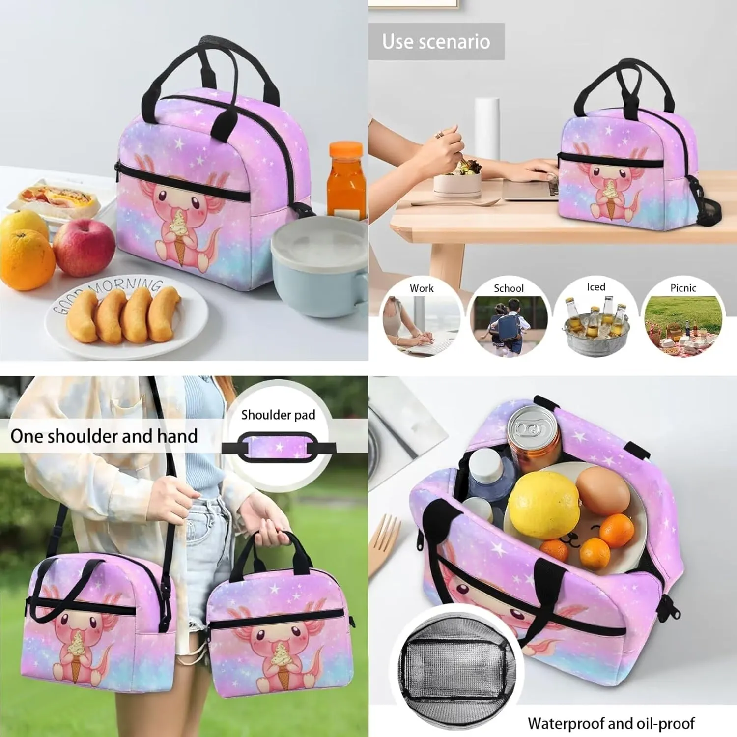 Ystardream 6th Grade Backpack Girls Pink Galaxy Axolotl Girls Backpack And Lunch Box Set Kids Backpack Purse for Women Elementary School Bookbag with Pencil Case Bookmark for Teens Back To School