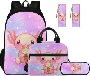 Ystardream 6th Grade Backpack Girls Pink Galaxy Axolotl Girls Backpack And Lunch Box Set Kids Backpack Purse for Women Elementary School Bookbag with Pencil Case Bookmark for Teens Back To School