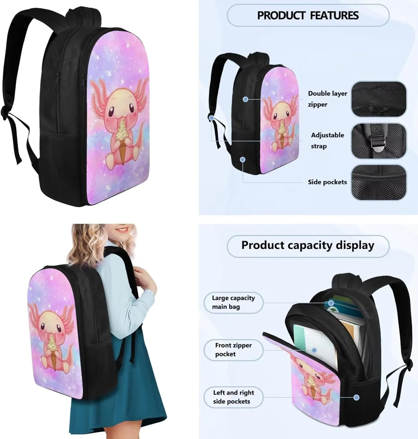 Ystardream 6th Grade Backpack Girls Pink Galaxy Axolotl Girls Backpack And Lunch Box Set Kids Backpack Purse for Women Elementary School Bookbag with Pencil Case Bookmark for Teens Back To School