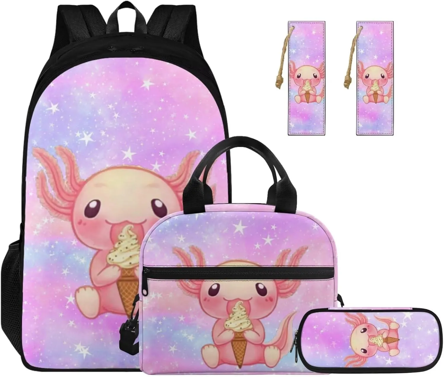 Ystardream 6th Grade Backpack Girls Pink Galaxy Axolotl Girls Backpack And Lunch Box Set Kids Backpack Purse for Women Elementary School Bookbag with Pencil Case Bookmark for Teens Back To School