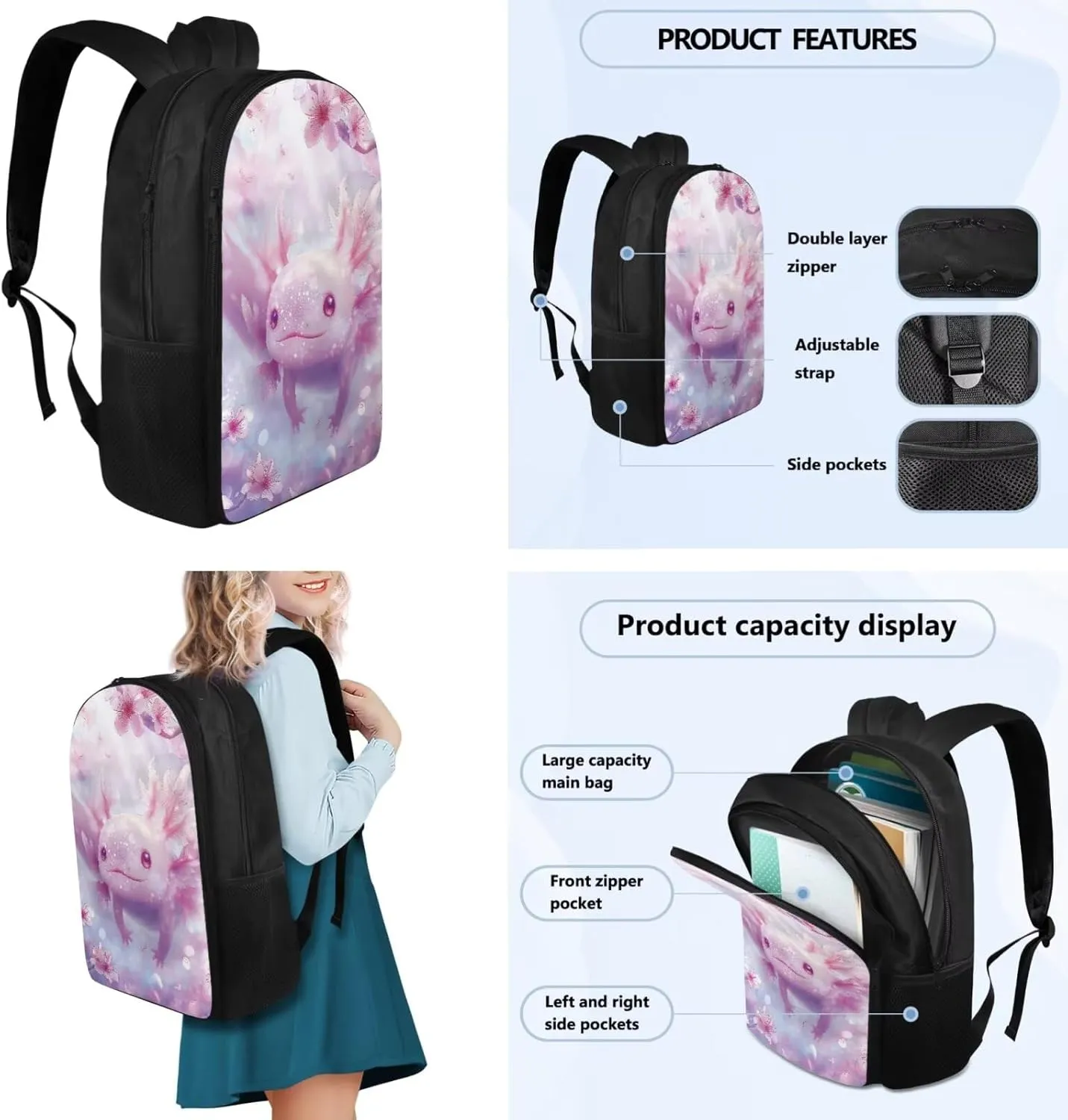 Ystardream Cartoon Axolotl Backpack for Girls 6th Grade Kids School Backpack with Lunch Box Set Elementary Student Back To School Bookbag with Cherry Blossom Design Bookmark & Pencil Case for Teenager