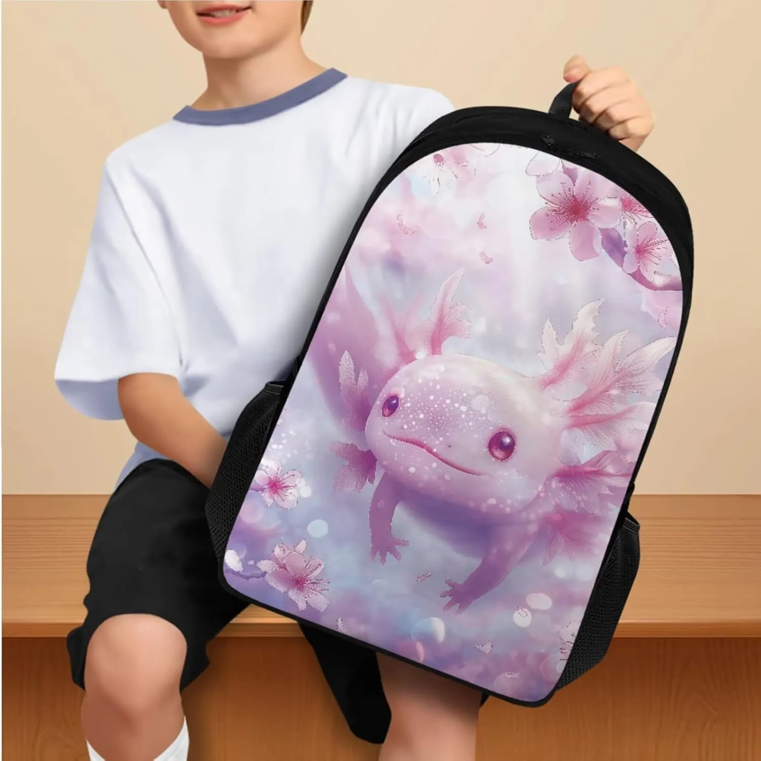 Ystardream Cartoon Axolotl Backpack for Girls 6th Grade Kids School Backpack with Lunch Box Set Elementary Student Back To School Bookbag with Cherry Blossom Design Bookmark & Pencil Case for Teenager
