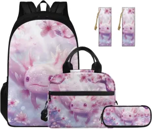 Ystardream Cartoon Axolotl Backpack for Girls 6th Grade Kids School Backpack with Lunch Box Set Elementary Student Back To School Bookbag with Cherry Blossom Design Bookmark & Pencil Case for Teenager