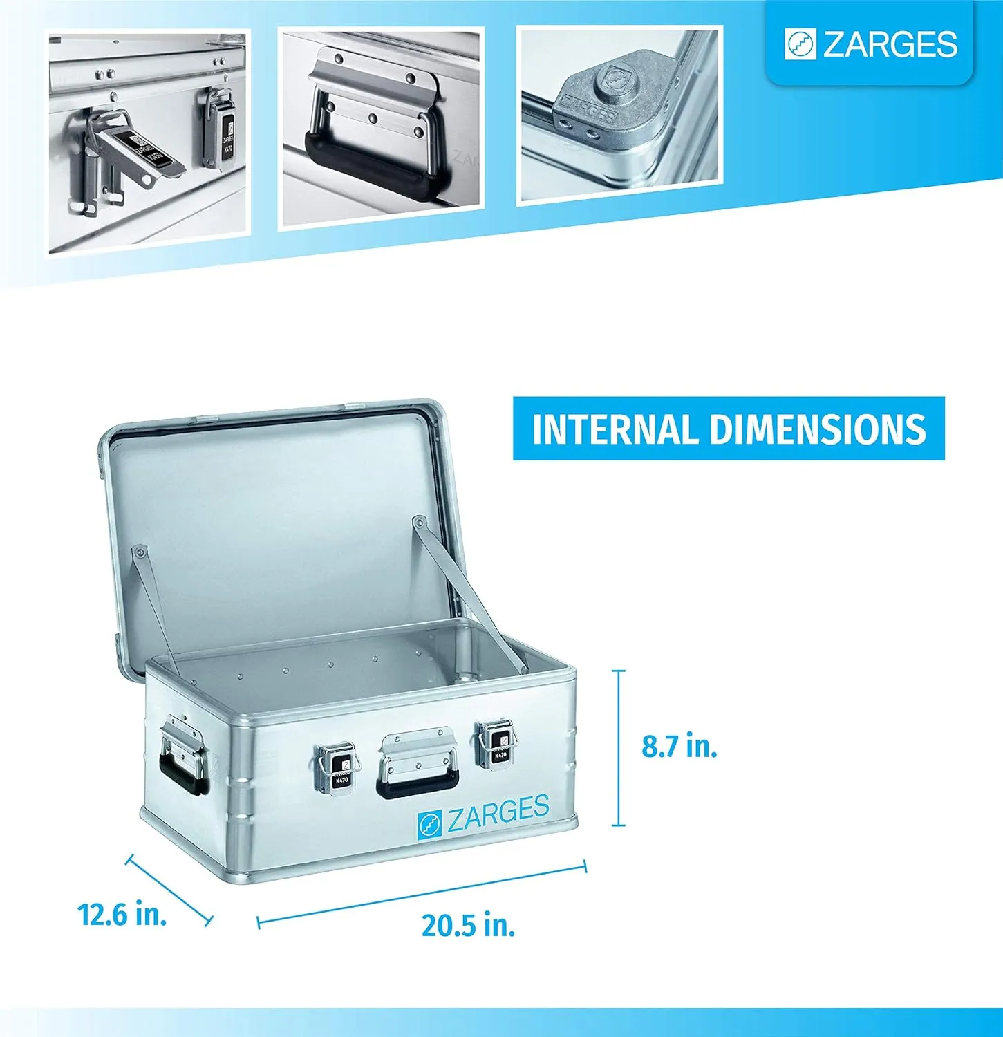 Zarges K470 Aluminum Hard Protective Carrying Case, Portable Stackable Storage, Customizable Safe Lock Box, Dust and Water Resistant (20.5 x 12.6 x 8.7 Inches)