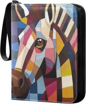 Zebra Head Oil Painting Cards Binder 4 Pocket Fits 400 Cards with 50 Removable Sleevesves, Trading Card Collector Zipper Album Holder Portable Card Games Display Storage Cases