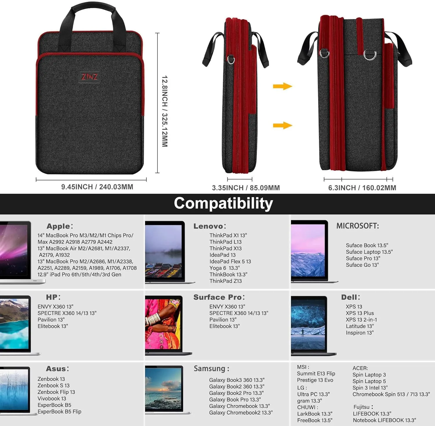 ZINZ 12.3-13 Inch Travel Laptop Shoulder Bag with Expandable Compartment and Valuables Compartment -Black-Wine edge