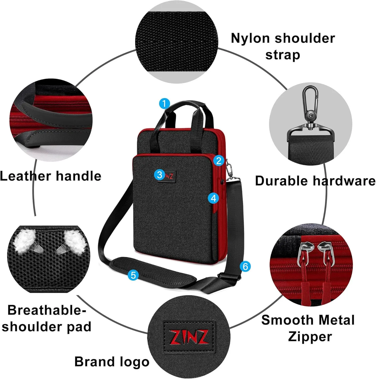 ZINZ 12.3-13 Inch Travel Laptop Shoulder Bag with Expandable Compartment and Valuables Compartment -Black-Wine edge