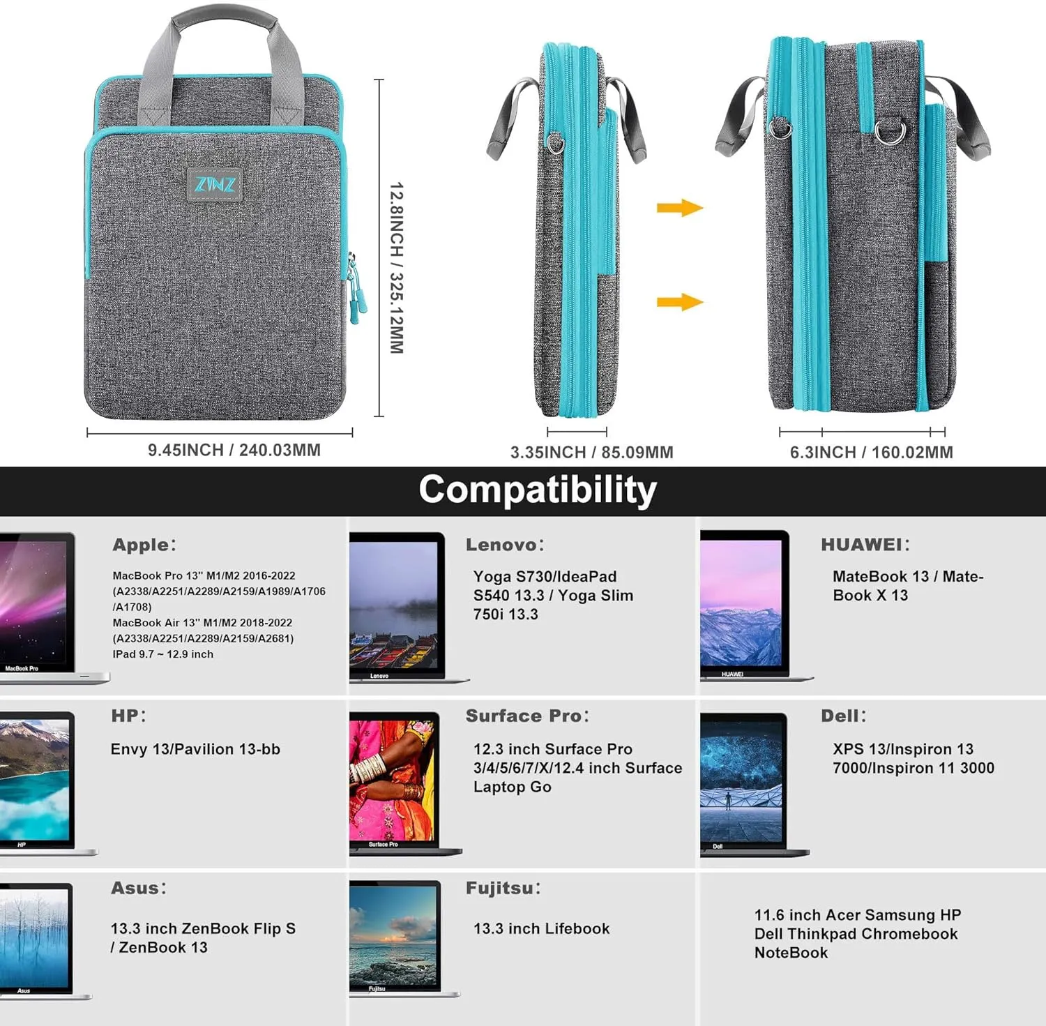 ZINZ 12.3-13 Inch Travel Laptop Shoulder Bag with Expandable Compartment and Valuables Compartment -Gray-Blue edge