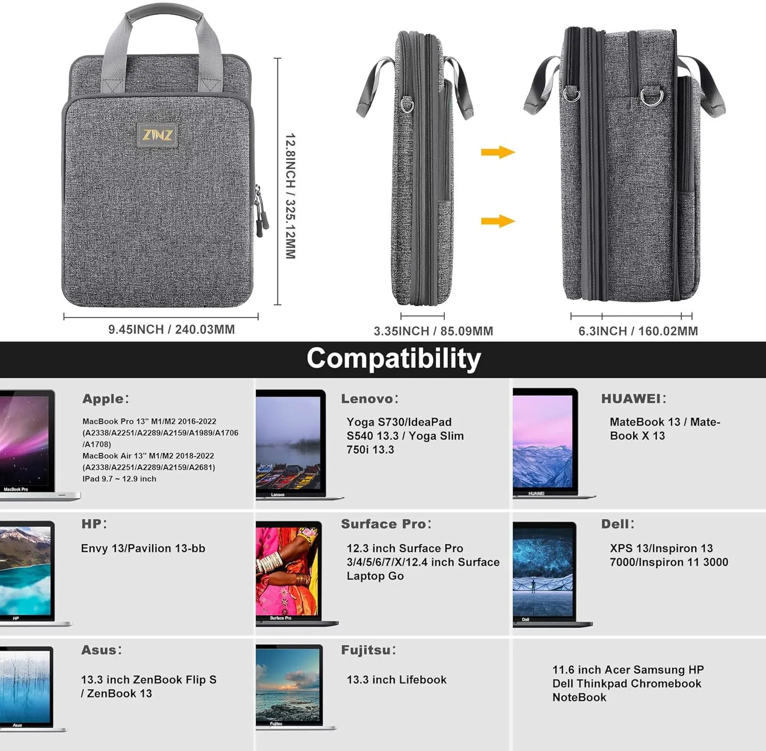 ZINZ 12.3-13 Inch Travel Laptop Shoulder Bag with Expandable Compartment and Valuables Compartment -Gray