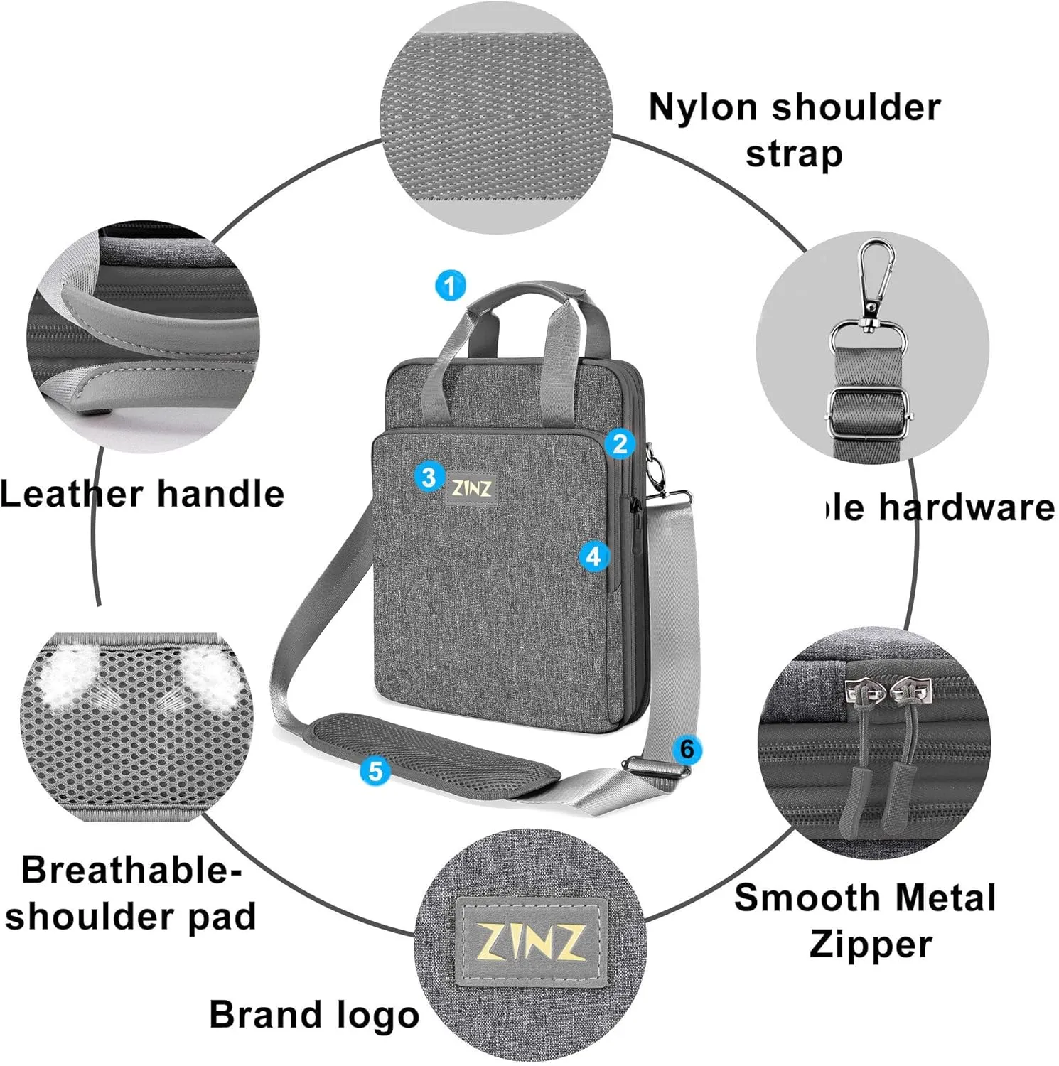 ZINZ 12.3-13 Inch Travel Laptop Shoulder Bag with Expandable Compartment and Valuables Compartment -Gray
