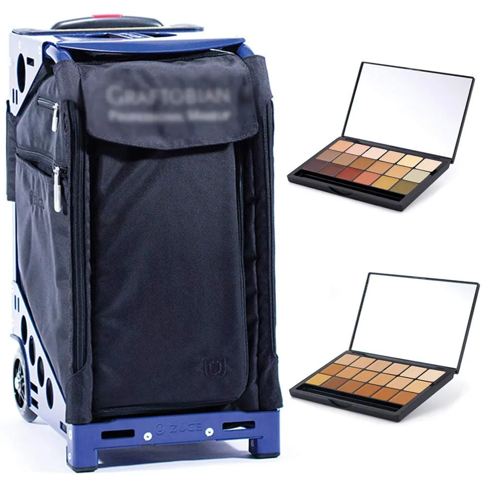 Zuca Pro Artist Wheeled Makeup Case - w/ 2 HD Super Palettes - Black Insert Bag in Navy Blue Frame with 5 Vinyl Bags and Travel Cover - Graftobian Professional