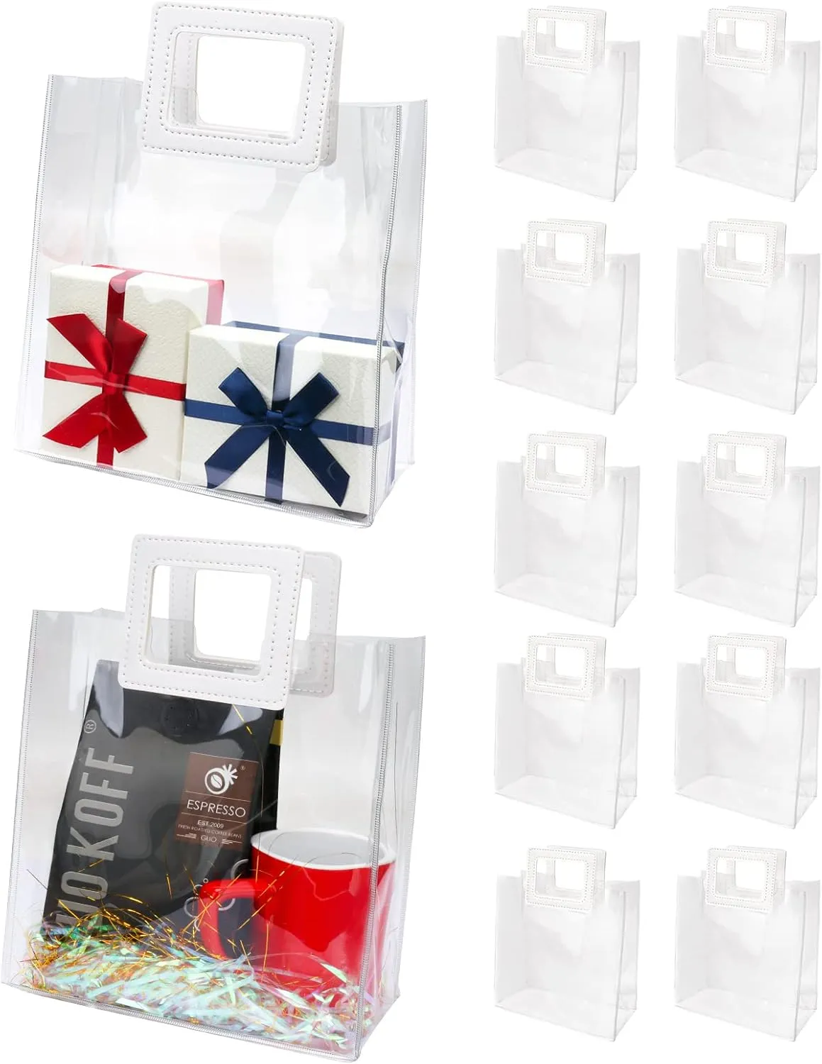 Zwish 10PCS Clear Gift Bags with Handle PVC Tote Bags 8.5 x 8.1 x 4.1Inch Clear Bag Bulk for Party Favor, Wedding, Birthday, Baby Shower, Shopping Bag, Christmas Gift Bags